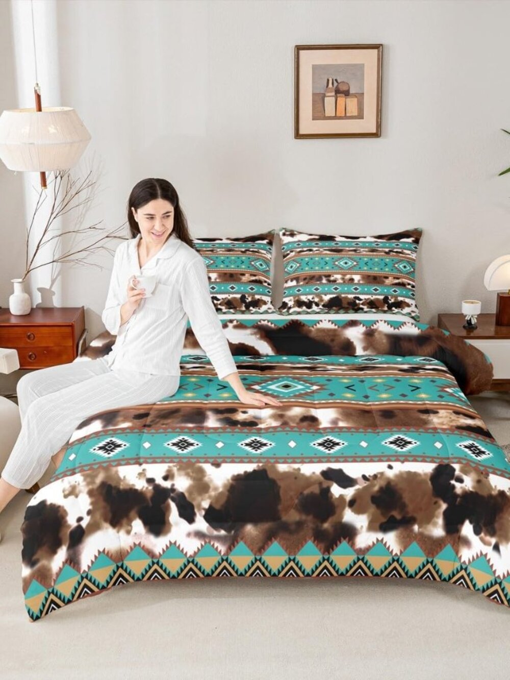 Cowhide Comforter Set Brown Highland Cow Print Bedding Set Queen Size,Western